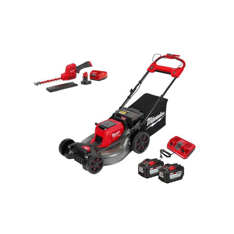 Milwaukee M12 FUEL 8 in. 12V Lithium-Ion Brushless Cordless Hedge Trimmer w/ M18 FUEL 21 in. Dual Battery Self-Propelled Mower Kit - 2533-21-2823-22HD