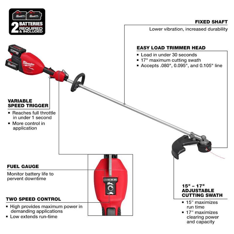 Milwaukee M18 FUEL 18V Brushless Cordless 17 in. Dual Battery Straight Shaft String Trimmer with (4) 8.0 Ah Batteries and Charger - 3006-22-48-11-1880-48-11-1880