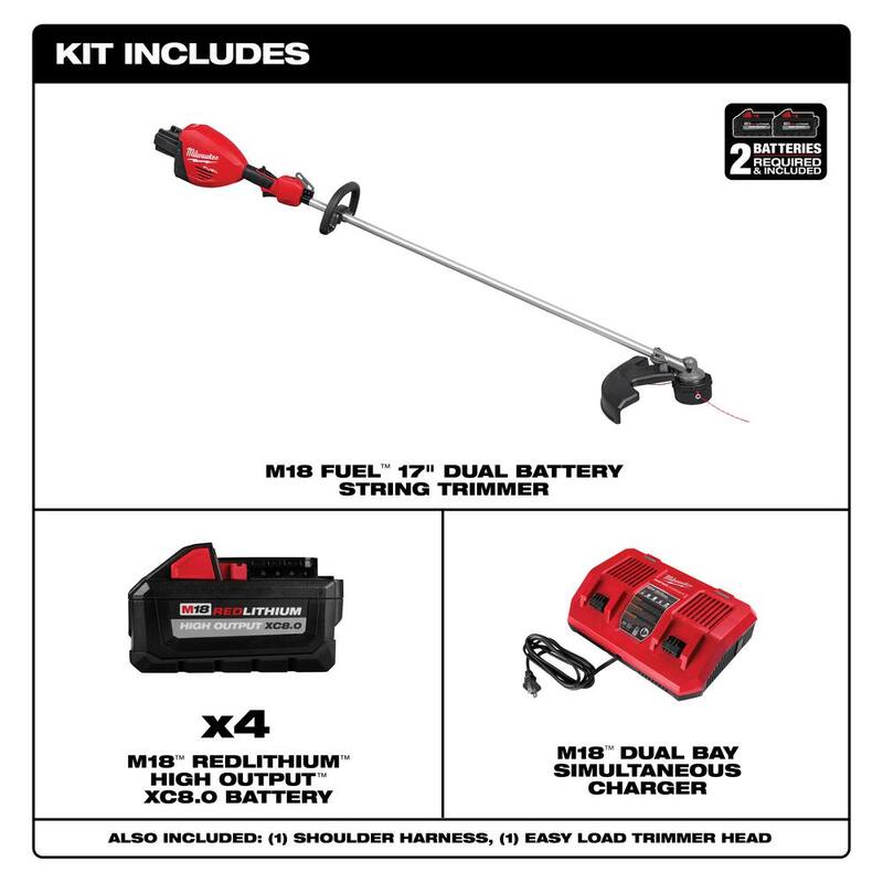Milwaukee M18 FUEL 18V Brushless Cordless 17 in. Dual Battery Straight Shaft String Trimmer with (4) 8.0 Ah Batteries and Charger - 3006-22-48-11-1880-48-11-1880