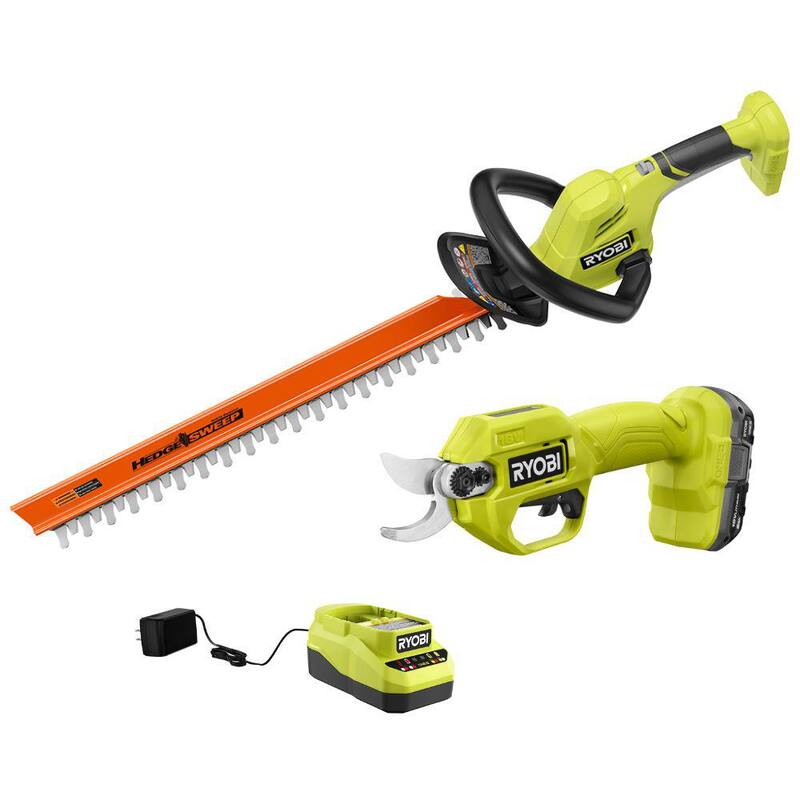 RYOBI ONE+ 18V Cordless Pruner and ONE+ 18V 22 in. Lithium-Ion Cordless Hedge Trimmer with 2.0 Ah Battery and Charger - P2540-P2609BTL