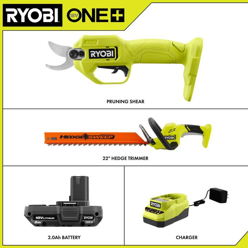 RYOBI ONE+ 18V Cordless Pruner and ONE+ 18V 22 in. Lithium-Ion Cordless Hedge Trimmer with 2.0 Ah Battery and Charger - P2540-P2609BTL