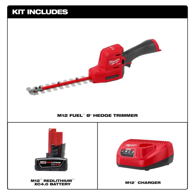 Milwaukee M12 FUEL 8 in. 12V Lithium-Ion Brushless Cordless Hedge Trimmer Kit with 4.0 Ah, 2.5 Ah Battery and Charger - 2533-21-48-11-2425