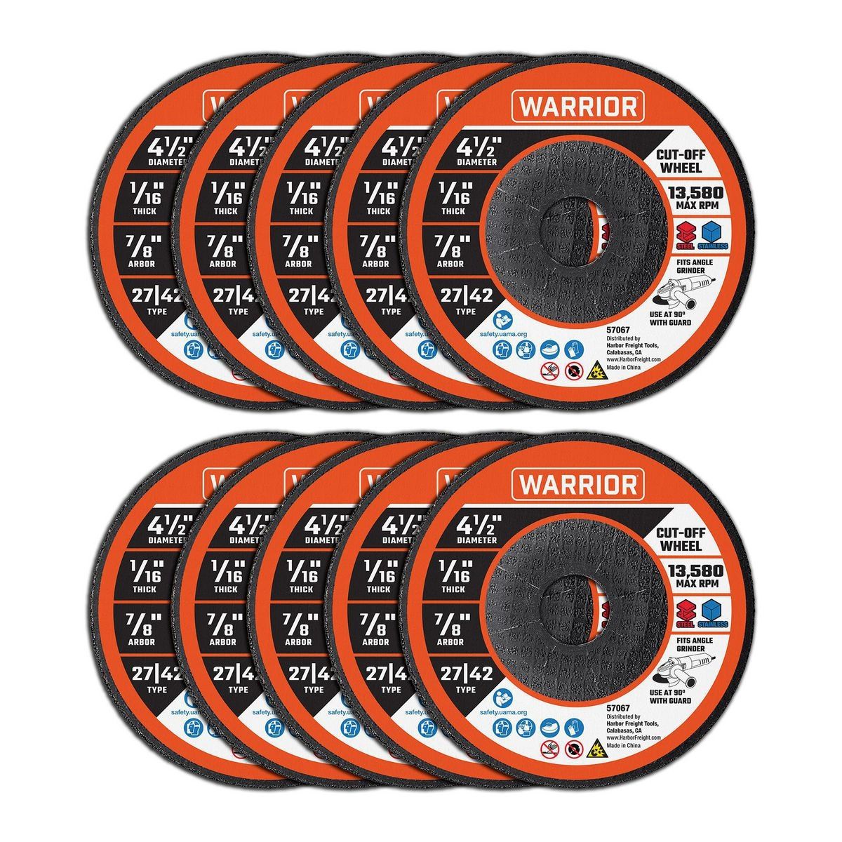 Disco de corte de metal Warrior de 4-1/2 pulgadas x 1/16 pulgadas x 7/8 pulgadas, Tipo 27/42, paquete de 10 - 57067