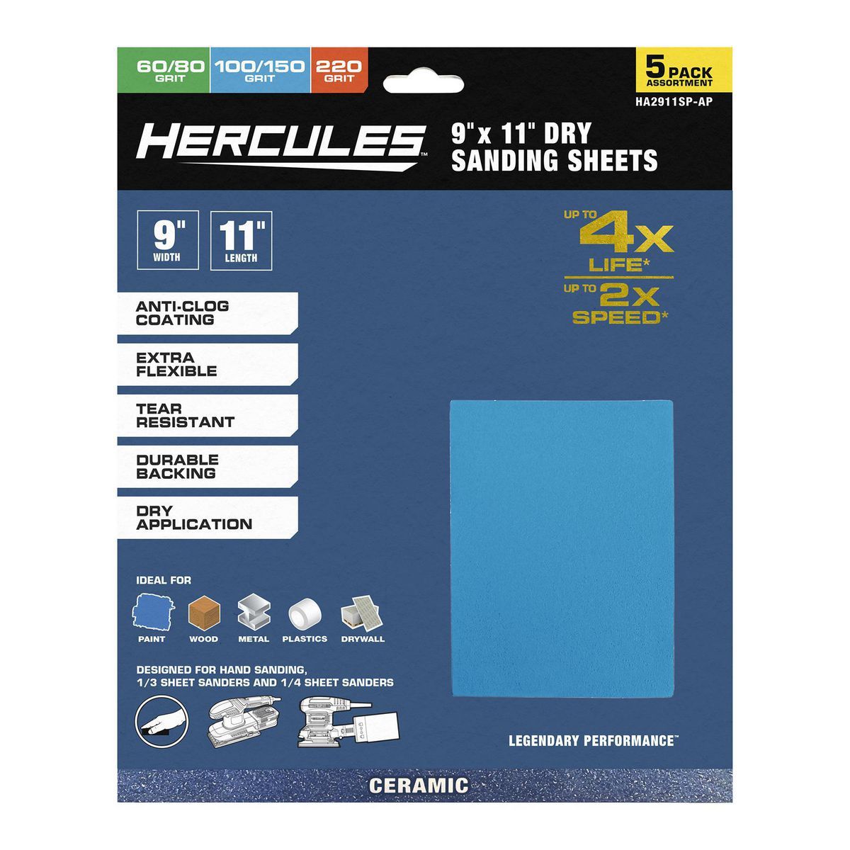 Hoja de lijado en seco Hercules de 9 pulgadas x 11 pulgadas con surtido de hojas de cerámica de alúmina, 5 piezas - 58442.
