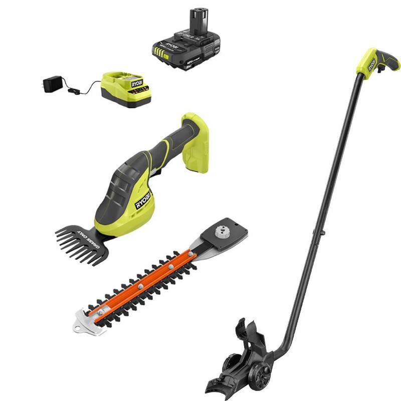 RYOBI ONE+ 18V Cordless Grass Shear and Shrubber Trimmer with Caddy and 2.0 Ah Battery and Charger - P2980-AC