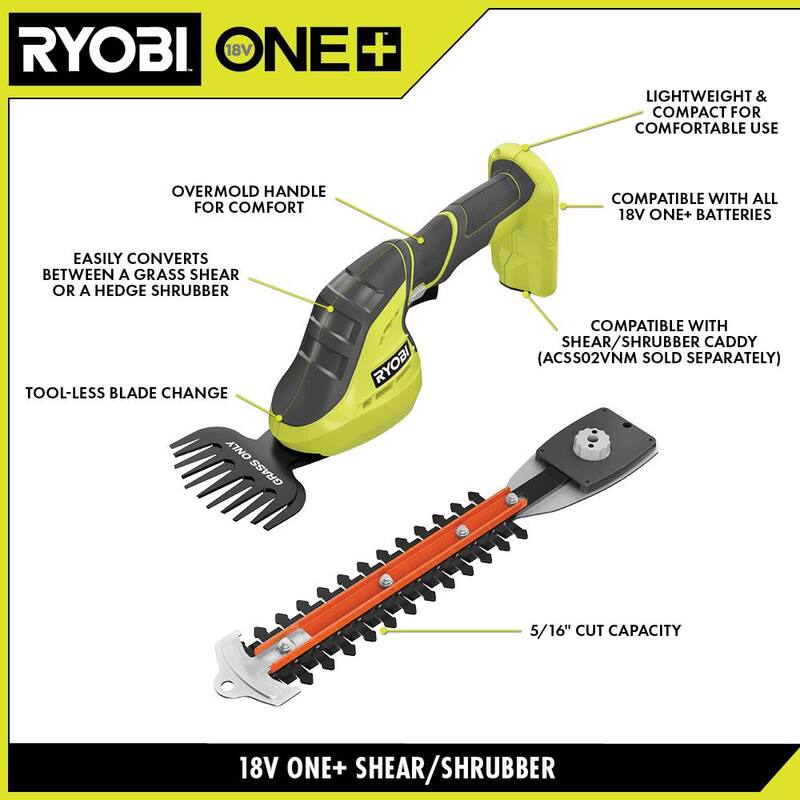 RYOBI ONE+ 18V Cordless Grass Shear and Shrubber Trimmer with Caddy and 2.0 Ah Battery and Charger - P2980-AC