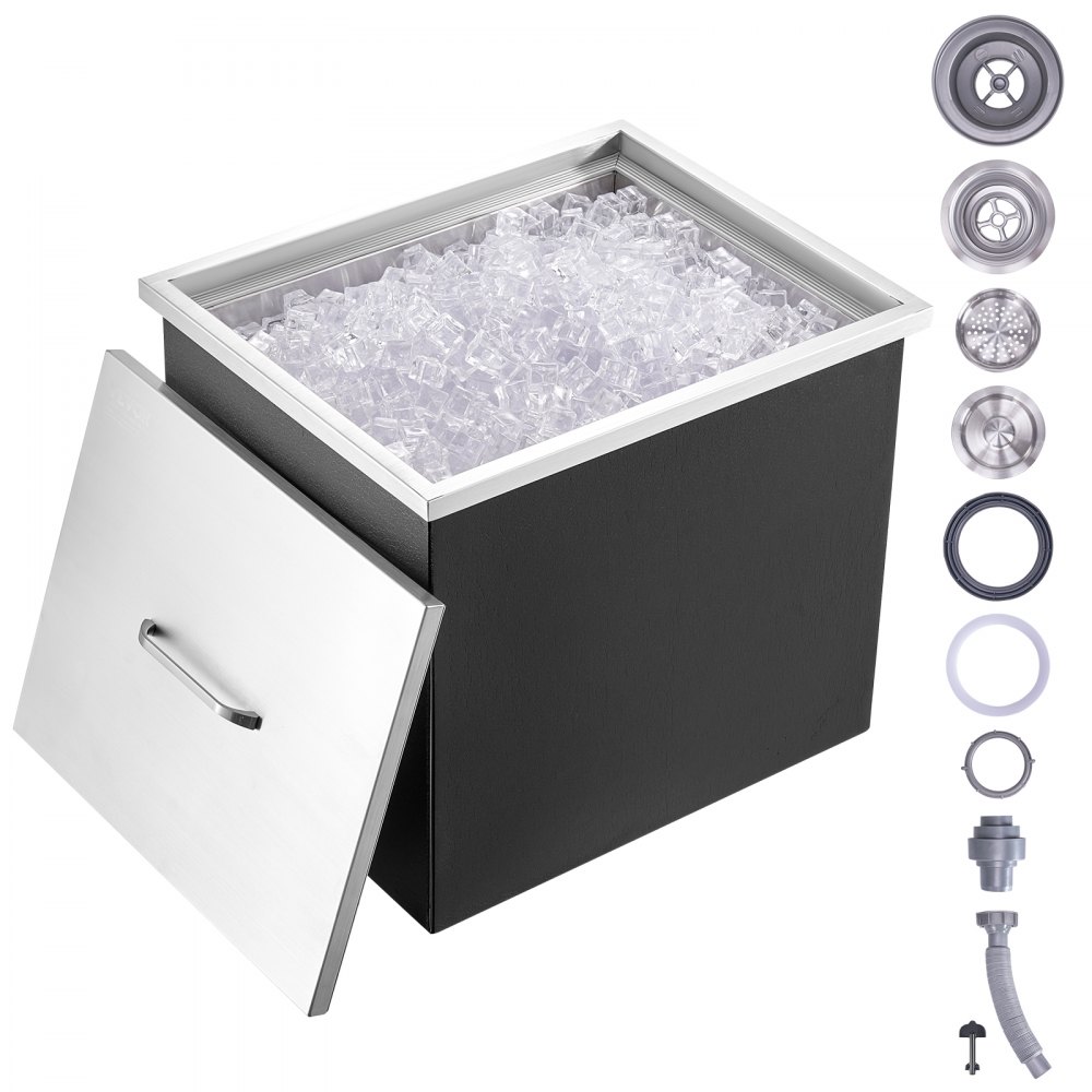 VEVOR Drop in Ice Chest, 21"L x 17"W x 18"H Stainless Steel Ice Cooler, Commercial Ice Bin with Cover, 40 qt Outdoor Kitchen Ice Bar, Drain-pipe and Drain Plug Included, for Cold Wine Beer - QRSCBCGG21LXE233EV0