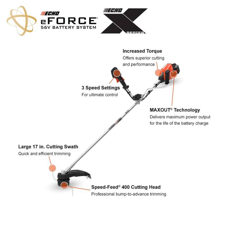 ECHO eFORCE 56V X Series 17 in. Brushless Cordless Battery String Trimmer/Brushcutter with 5.0 Ah Battery and Rapid Charger - DSRM-2600UR2