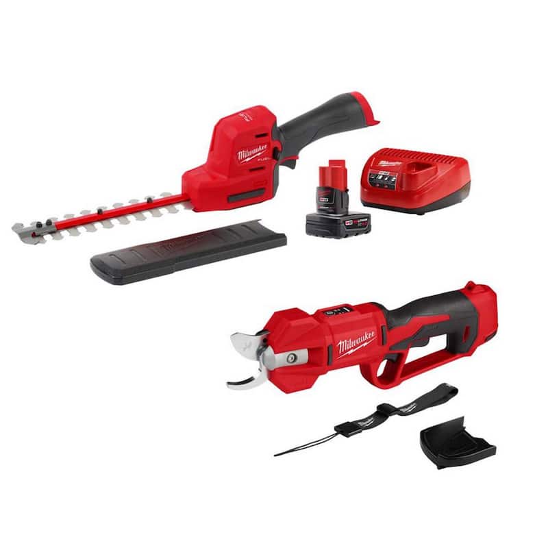Milwaukee M12 12V Cordless Brushless Pruner Shears with M12 8 in. Hedge Trimmer, 4.0 Ah Battery, Charger - 2534-20-2533-21