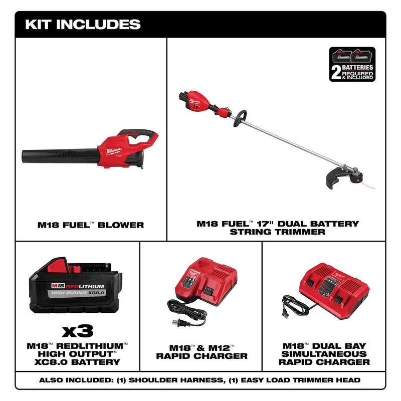 Milwaukee M18 FUEL 18V Brushless Cordless 17 in. Dual Battery Straight Shaft String Trimmer w/Blower, (3) Battery, (2) Charger - 3006-22-2724-21HD