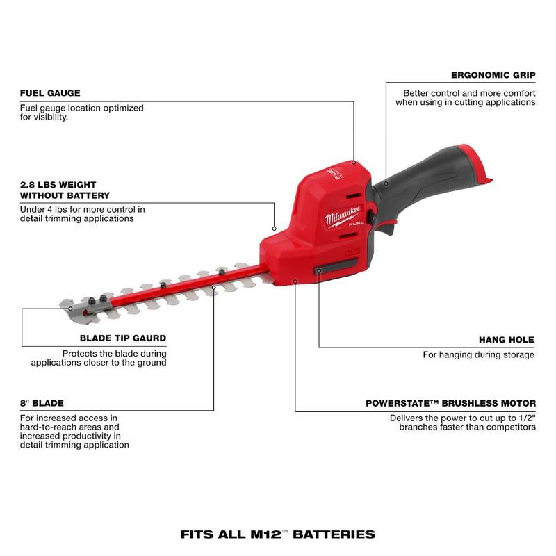 Milwaukee M12 FUEL 8 in. 12V Lithium-Ion Brushless Cordless Battery Hedge Trimmer w/M12 FUEL 6 in. Hatchet Pruning Saw (2-Tool) - 2533-20-2527-20