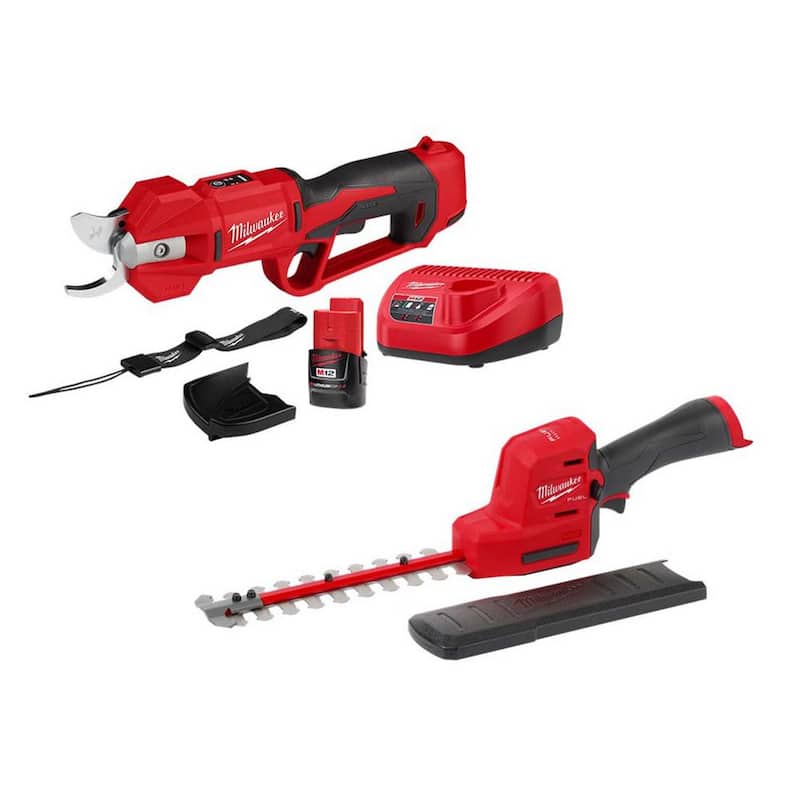 Milwaukee M12 FUEL 8 in. 12V Lithium-Ion Brushless Cordless Battery Hedge Trimmer w/M12 Brushless Pruner Shears Kit (2-Tool) - 2533-20-2534-21