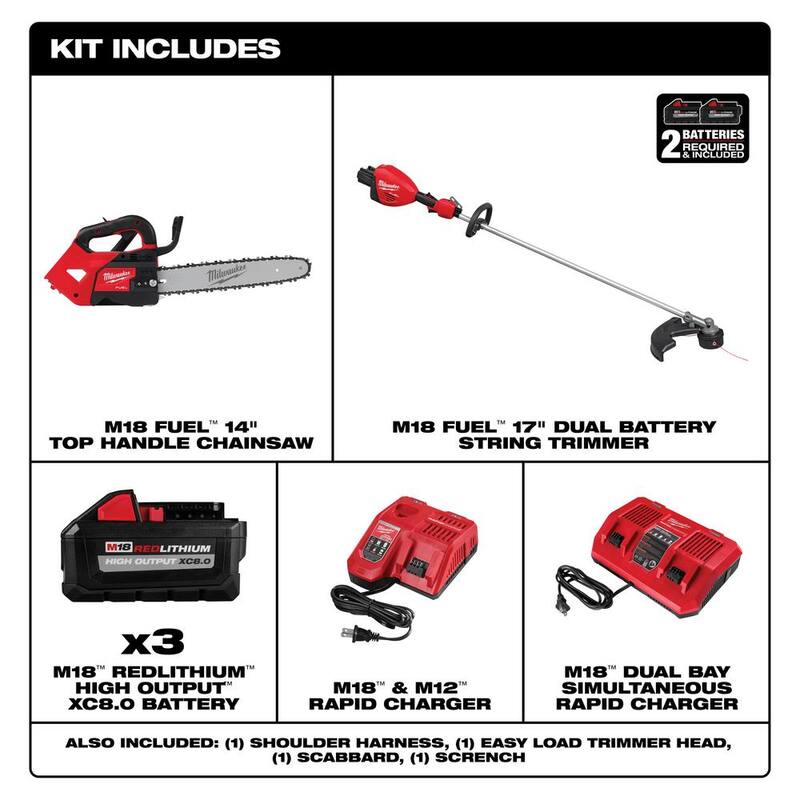 Milwaukee M18 FUEL 18V Brushless Cordless 17 in. Dual Battery String Trimmer w/Top Handle Chainsaw, (3) Battery, (2) Charger - 3006-22-2826-21T