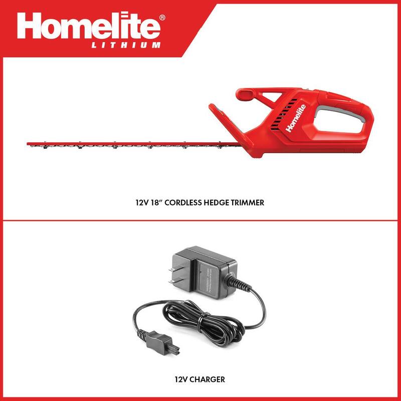 Homelite 12V Lithium 18 in. Cordless Hedge Trimmer with Internal 2.5 Ah Battery and Charger - HOMHT20
