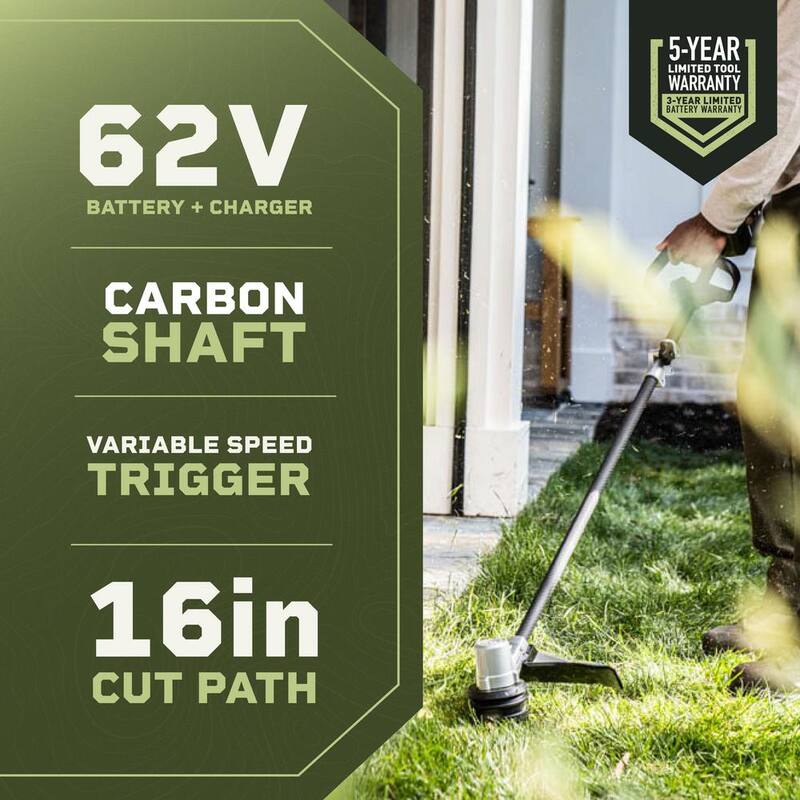 Green Machine 62V 16” Cordless Carbon Fiber Shaft String Trimmer Brushless motor and quick reload spool with 2.5AH Battery and Charger - GMST6200-C