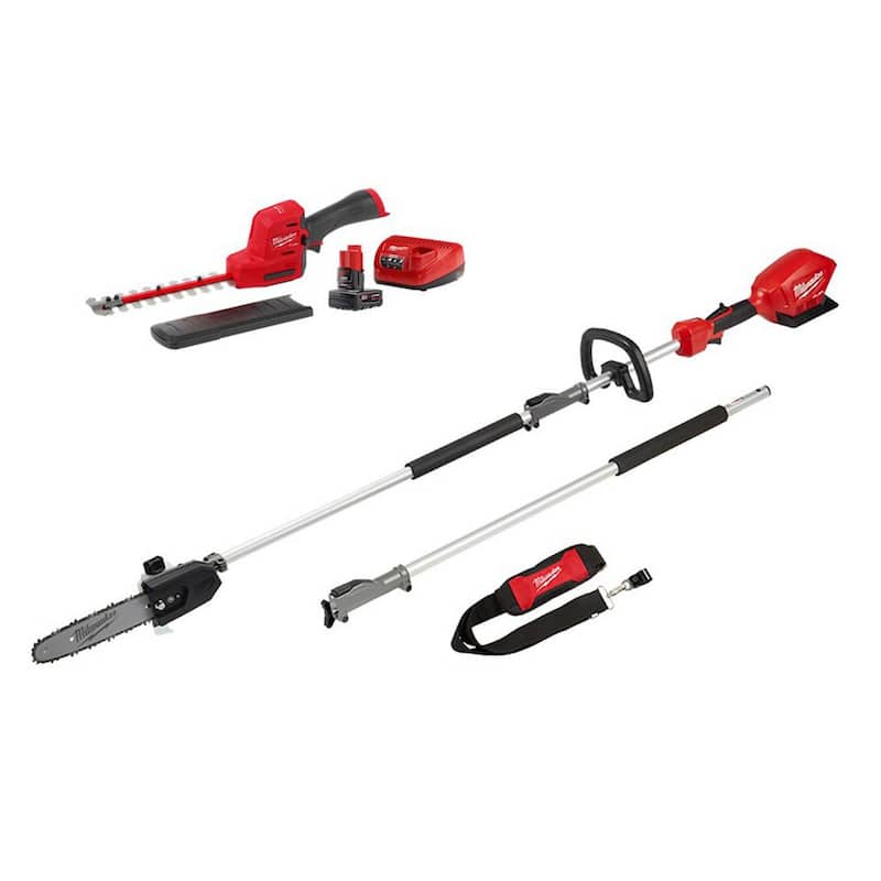 Milwaukee M12 FUEL 8 in. 12V Lithium-Ion Brushless Cordless Hedge Trimmer Kit with M18 FUEL 10 in. Pole Saw (2-Tool) - 2533-21-2825-20PS