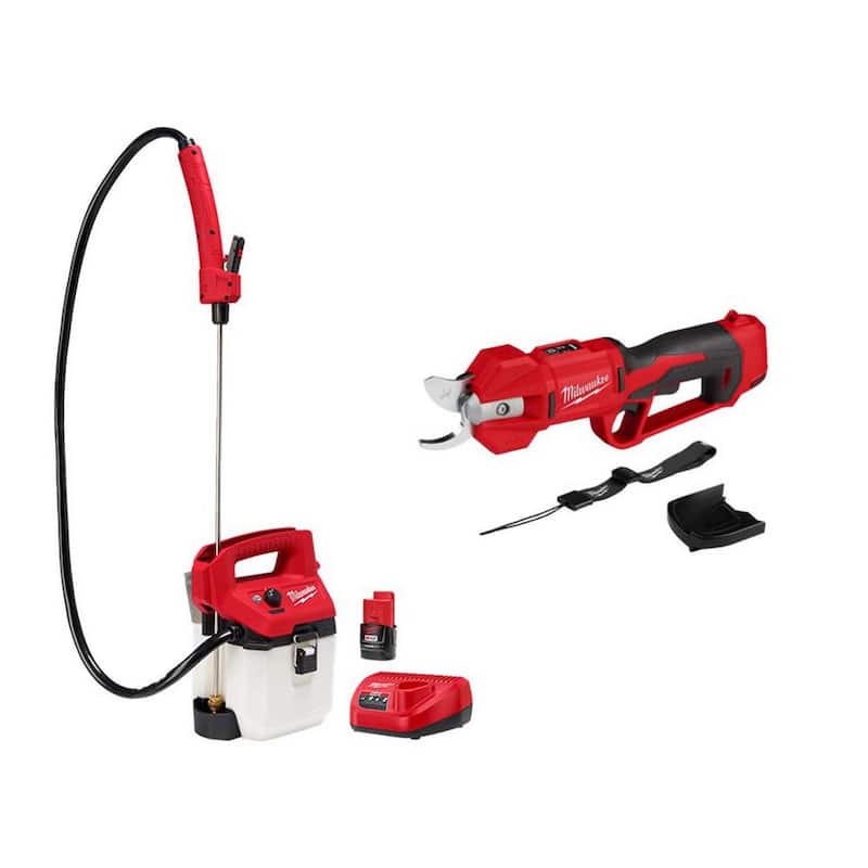Milwaukee M12 12V Cordless Brushless Pruner Shears with M12 1 Gal. Handheld Sprayer, 2.0 Ah Battery, Charger - 2534-20-2528-21G1