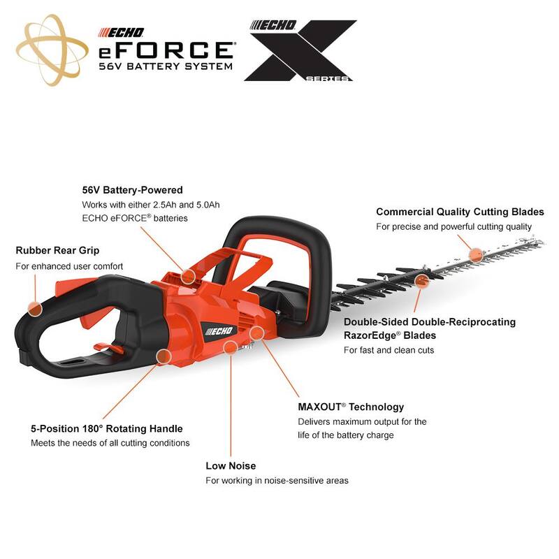 ECHO eFORCE 28 in. 56-Volt X Series Double-Sided Cordless Battery Powered Hedge Trimmer with 2.5Ah Battery and Rapid Charger - DHC-2800R1