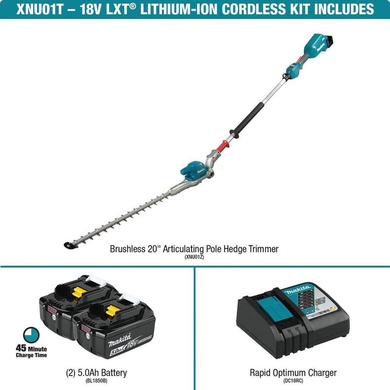 Makita LXT 18V Lithium-Ion Brushless 20 in. Articulating Pole Hedge Trimmer Kit (5.0 Ah) with LXT 18V Battery Pack 5.0Ah - XNU01T-BL1850B