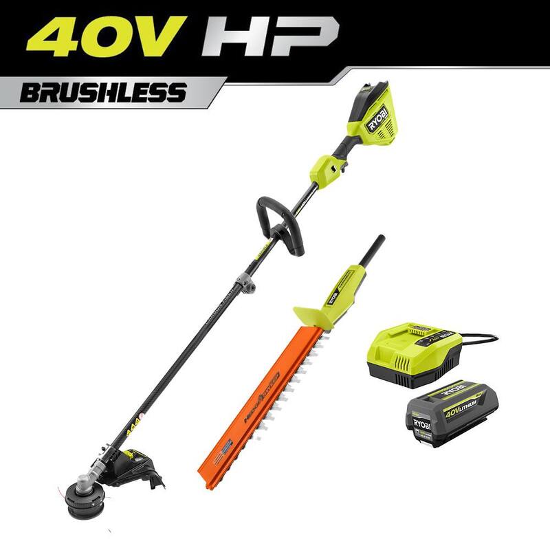 RYOBI 40V HP Brushless 16 in. Cordless Attachment Capable String Trimmer & Hedge Trimmer w/4.0 Ah Battery & Charger - RY40HPST01K-RYHDG