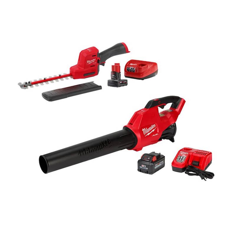 Milwaukee M12 FUEL 8 in. 12V Lithium-Ion Brushless Cordless Hedge Trimmer Kit and M18 FUEL 120 MPH 450 CFM Blower Combo Kit - 2533-21-2724-21HD