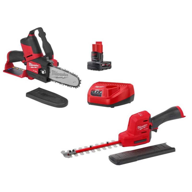 Milwaukee M12 FUEL 8 in. 12V Lithium-Ion Brushless Cordless Battery Hedge Trimmer w/6 in. Hatchet Pruning Saw Kit (2-Tool) - 2533-20-2527-21