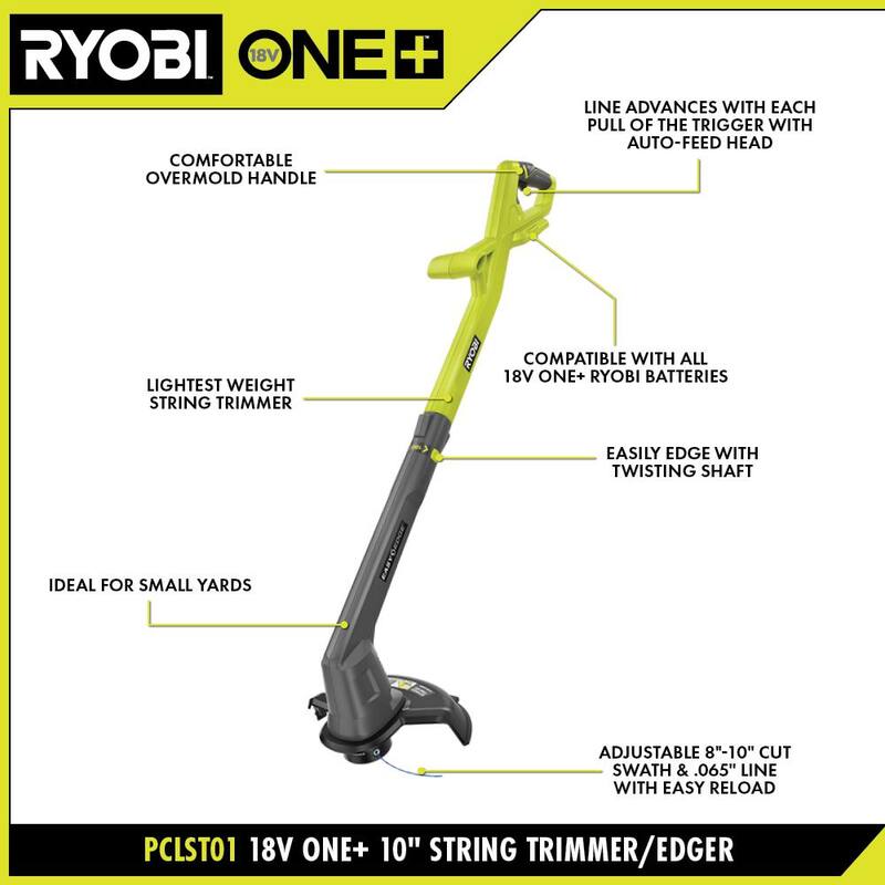 RYOBI ONE+ 18V 10 in. Cordless Battery String Trimmer/Edger 2.0 Ah Battery and Charger kit with ONE+ 0.065 Spool (3-Pack) - PCLST01K-AC14RL3A