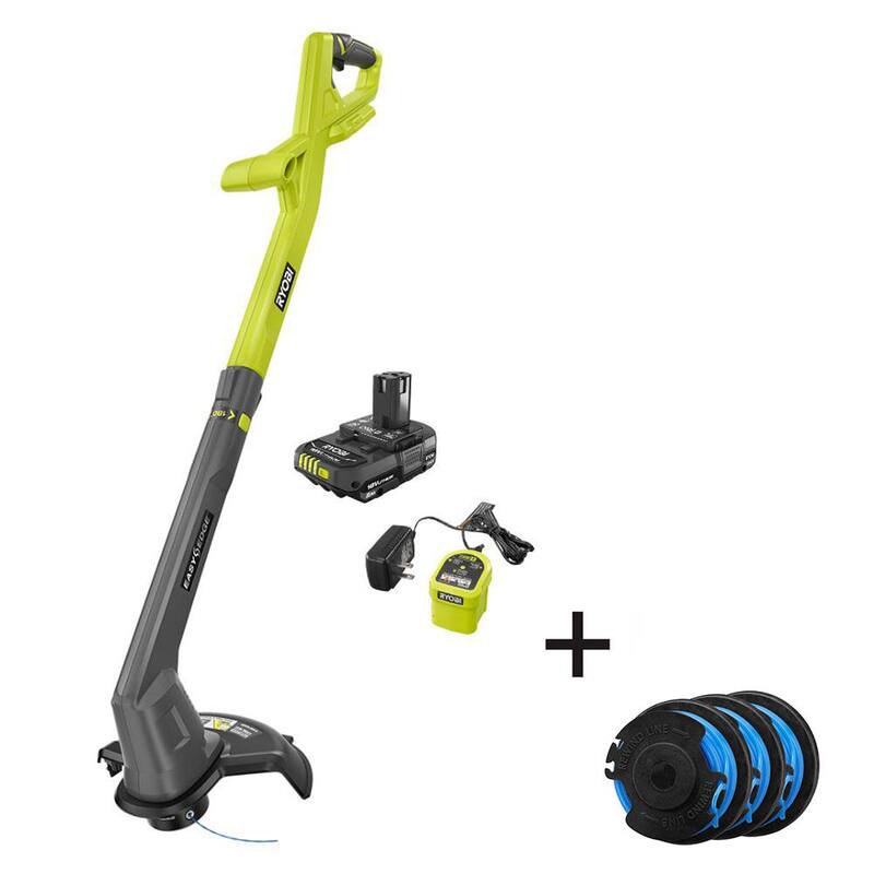 RYOBI ONE+ 18V 10 in. Cordless Battery String Trimmer/Edger 2.0 Ah Battery and Charger kit with ONE+ 0.065 Spool (3-Pack) - PCLST01K-AC14RL3A