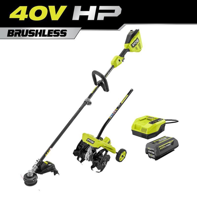 RYOBI 40V HP Brushless 16 in. Cordless Attachment Capable String Trimmer & Tiller w/4.0 Ah Battery & Charger - RY40HPST01K-RYTIL