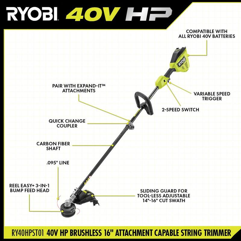 RYOBI 40V HP Brushless 16 in. Cordless Attachment Capable String Trimmer & Tiller w/4.0 Ah Battery & Charger - RY40HPST01K-RYTIL