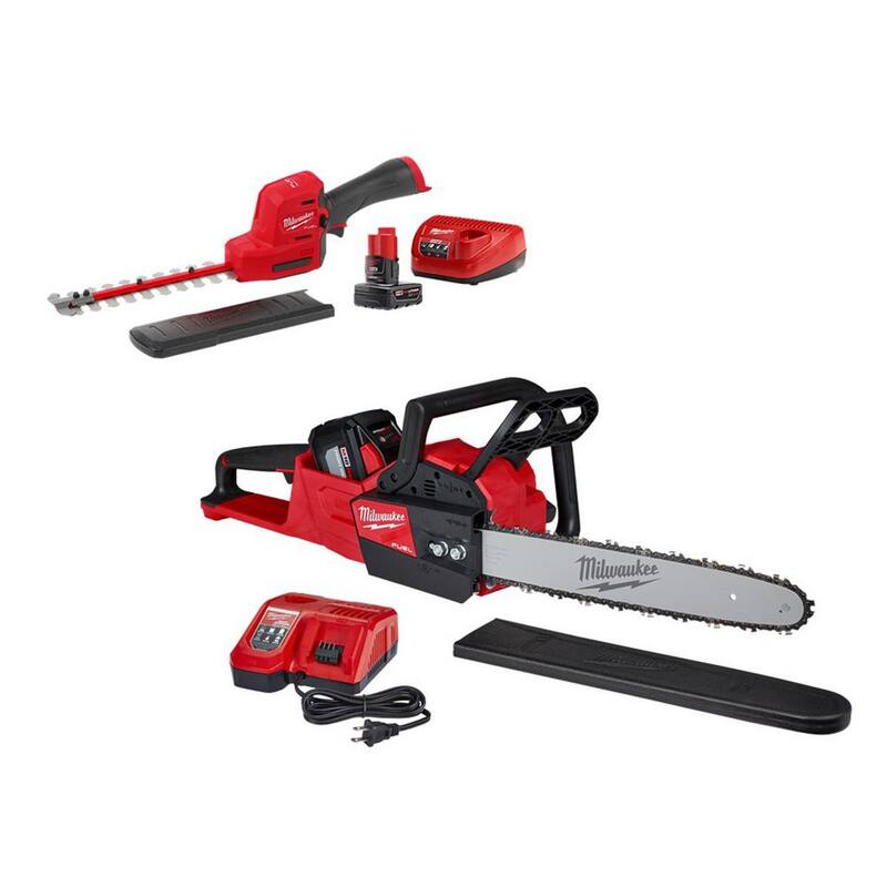 Milwaukee M12 FUEL 8 in. 12V Lithium-Ion Brushless Cordless Hedge Trimmer Kit and M18 FUEL 16 in. Chainsaw Combo Kit (2-Tool) - 2533-21-2727-21HD