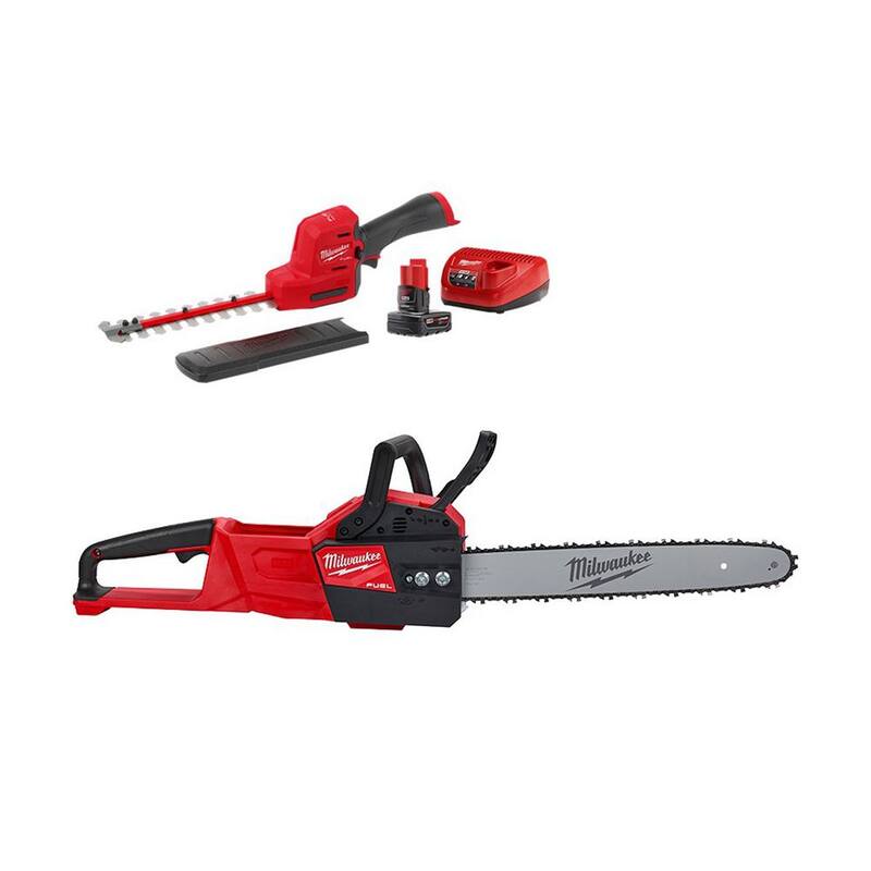 Milwaukee M12 FUEL 8 in. 12V Lithium-Ion Brushless Cordless Hedge Trimmer Kit with M18 FUEL 16 in. Chainsaw (2-Tool) - 2533-21-2727-20