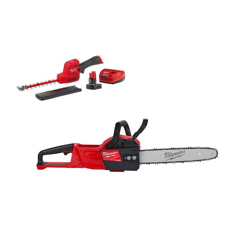 Milwaukee M12 FUEL 8 in. 12V Lithium-Ion Brushless Cordless Hedge Trimmer Kit with M18 FUEL 14 in. Chainsaw (2-Tool) - 2533-21-2727-20C