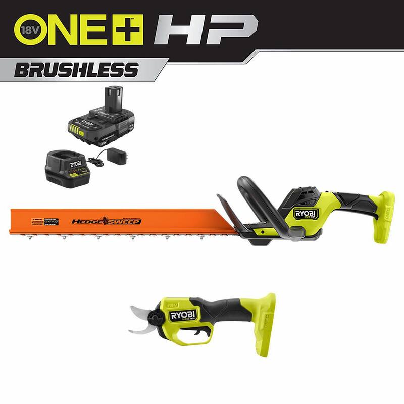 RYOBI ONE+ HP 18V Brushless 22 in. Cordless Battery Hedge Trimmer & Brushless Cordless Pruner w/ 2.0 Ah Battery & Charger - P2680-PNR
