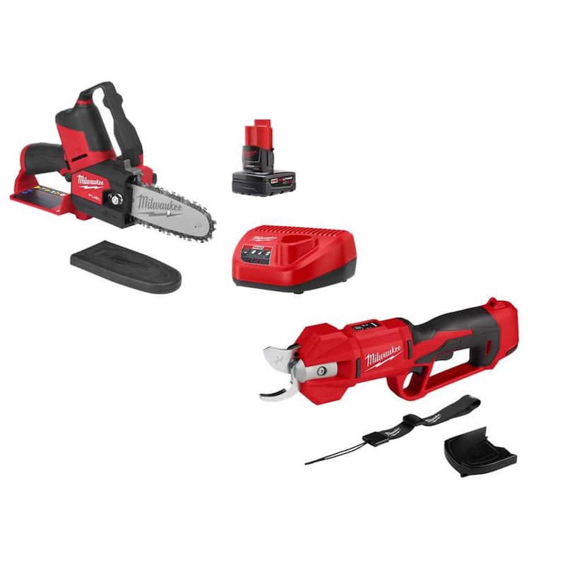 Milwaukee M12 12V Cordless Brushless Pruner Shears with M12 Pruning Saw HATCHET, 4.0 Ah Battery, Charger - 2534-20-2527-21