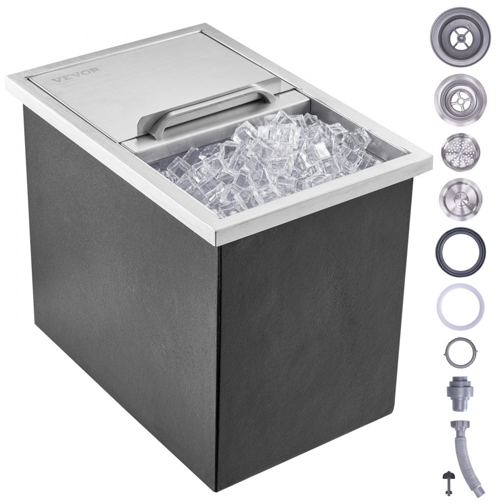 VEVOR Drop in Ice Chest, 18"L x 12"W x 14.5"H Stainless Steel Ice Cooler, Commercial Ice Bin with Sliding Cover, 40.9 qt Outdoor Kitchen Ice Bar, Drain-pipe and Drain Plug Included, for Cold Wine Beer - QRSCBCHG18LXZOFABV0