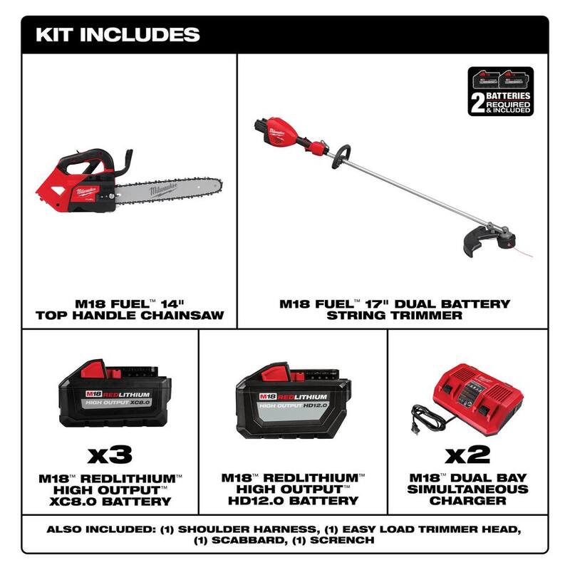Milwaukee M18 FUEL 18V Brushless Cordless 17 in. Dual Battery String Trimmer w/Top Handle Chainsaw, (4) Battery, (2) Charger - 3006-22-2826-22T