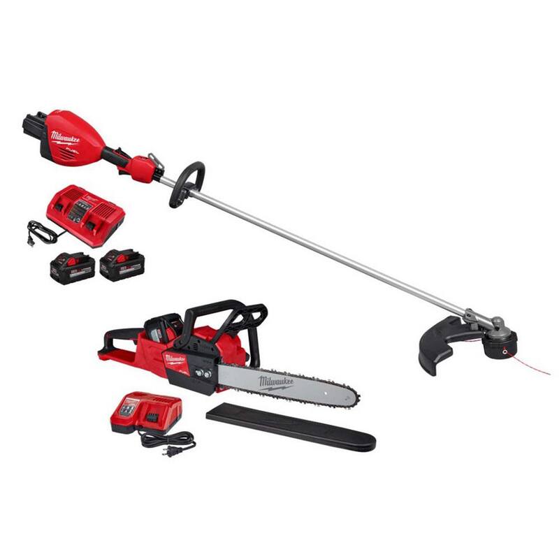 Milwaukee M18 FUEL 18V Brushless Cordless 17 in. Dual Battery Straight Shaft String Trimmer w/Chainsaw, (3) Battery, (2) Charger - 3006-22-2727-21HD
