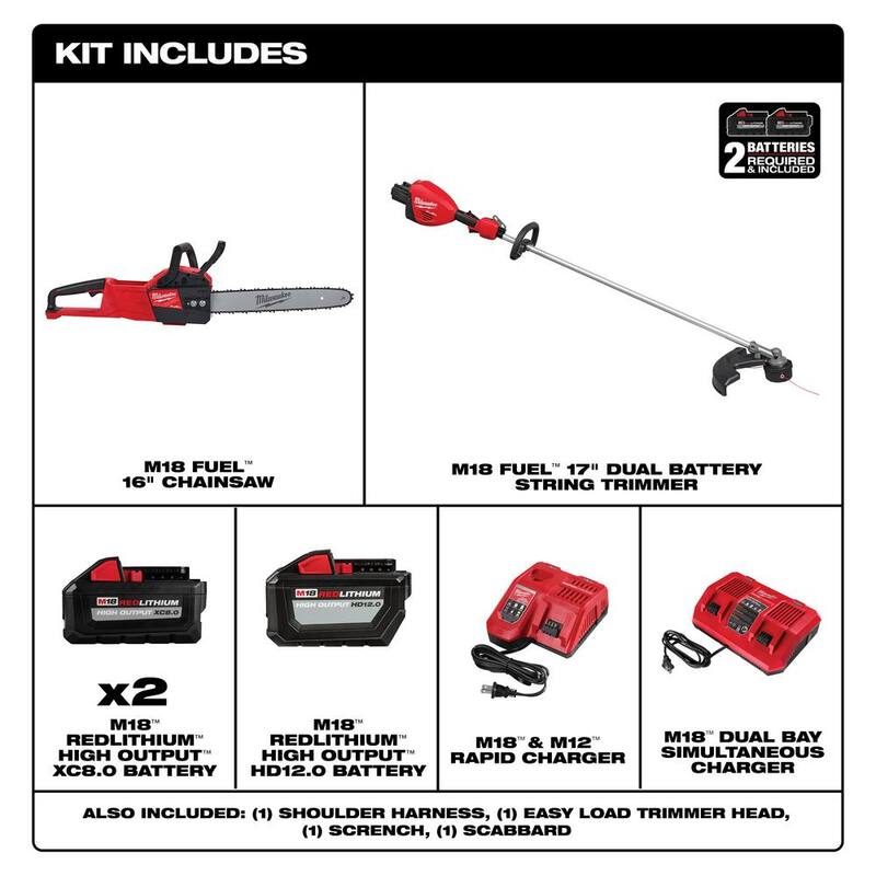 Milwaukee M18 FUEL 18V Brushless Cordless 17 in. Dual Battery Straight Shaft String Trimmer w/Chainsaw, (3) Battery, (2) Charger - 3006-22-2727-21HD
