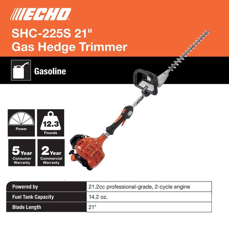 ECHO 21 in. 21.2 cc Gas 2-Stroke Hedge Trimmer with 20 in. Shaft - SHC-225S