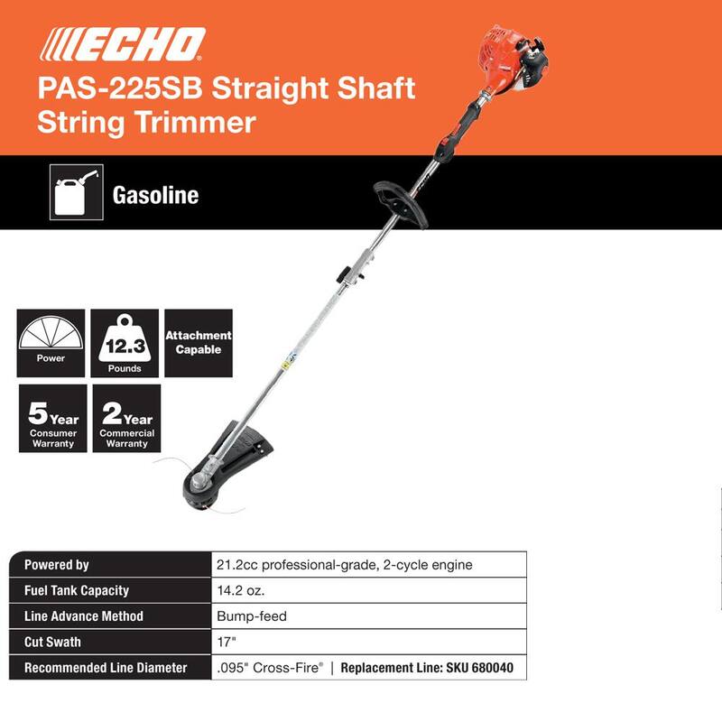 ECHO 21.2 cc Gas 2-Stroke Attachment Capable Straight Shaft String Trimmer with 17 in. Swath and Speed-Feed Quick Reload Head - PAS-225SB