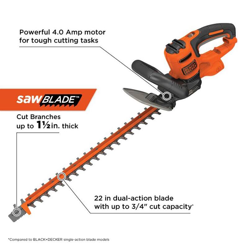 BLACK+DECKER 22 in. 4.0 Amp Corded Dual Action Electric Hedge Trimmer with Saw Blade Tip - BEHTS400
