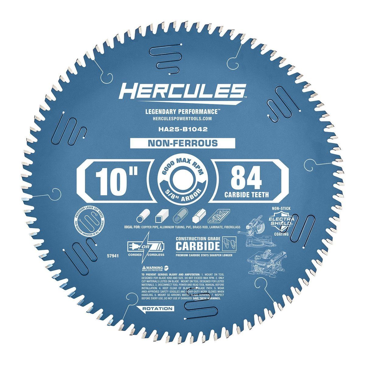 Hércules 10 pulg., 84 Dientes Hoja para Sierra Ingletadora y de Mesa para Cortar Laminados/Plásticos/Metales No Ferrosos - 57941