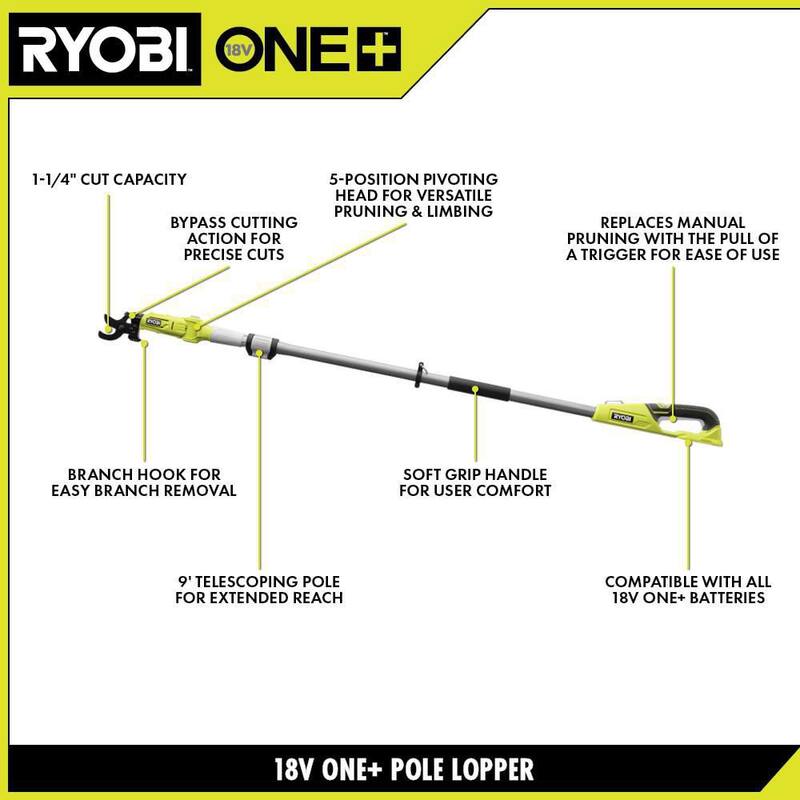 RYOBI ONE+ 18V Cordless Pruner and Cordless Pole Lopper with 2.0 Ah Battery and Charger - P2540-LP