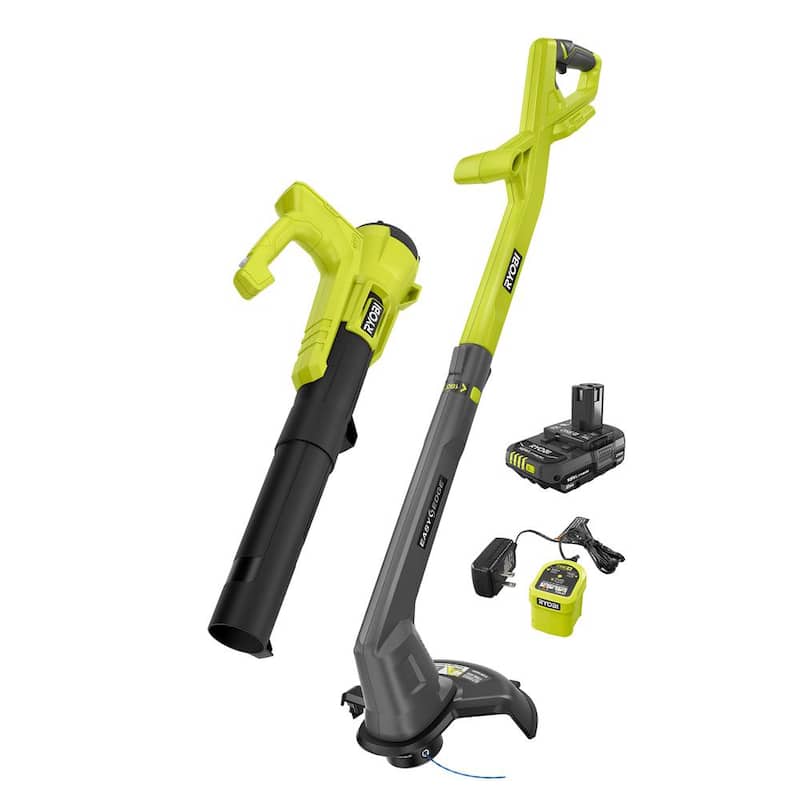 RYOBI ONE+ 18V Cordless String Trimmer/Edger and Blower/Sweeper Combo Kit (2-Tools) with 2.0 Ah Battery and Charger - PCLCK201K