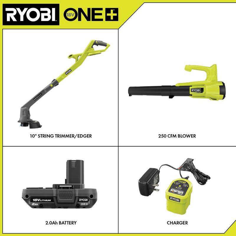 RYOBI ONE+ 18V Cordless String Trimmer/Edger and Blower/Sweeper Combo Kit (2-Tools) with 2.0 Ah Battery and Charger - PCLCK201K