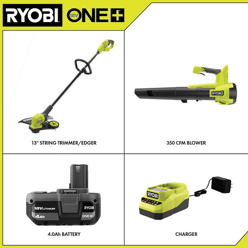 RYOBI ONE+ 18V Cordless Battery String Trimmer/Edger and Jet Fan Blower Combo Kit (2-Tools) with 4.0 Ah Battery and Charger - PCLCK202K