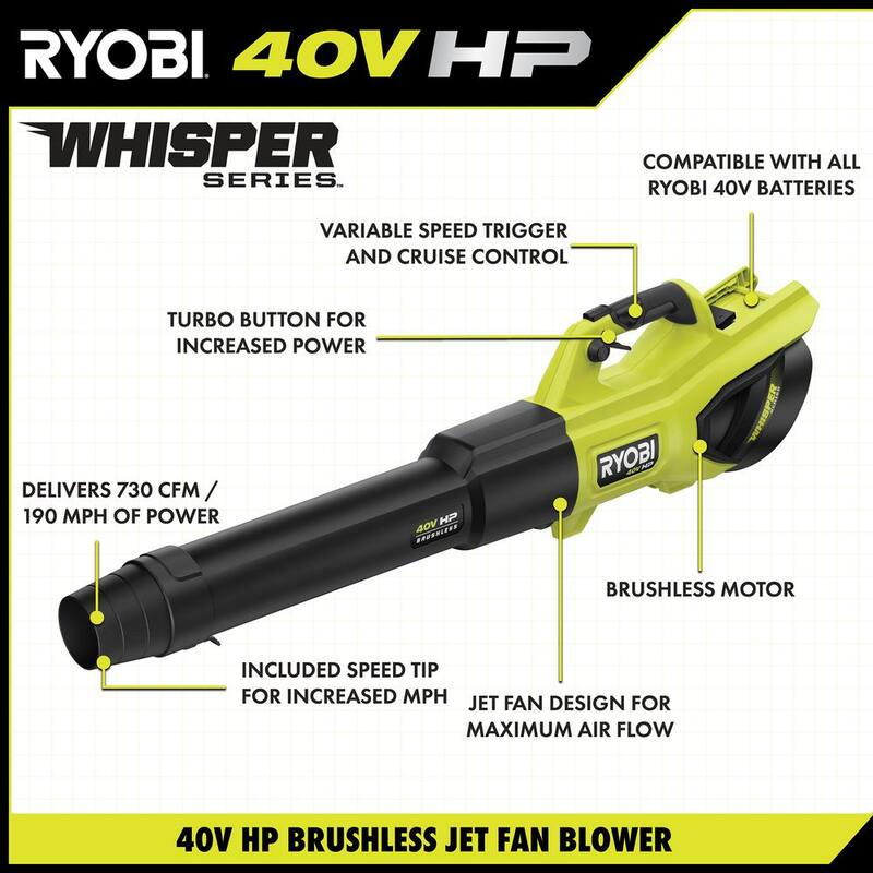 RYOBI 40V HP Brushless Whisper Series 730 CFM Cordless Leaf Blower and Lawn & Leaf Bag w/ (two) 4.0 Ah Battery & Charger - RY404100-LB
