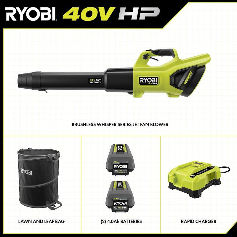 RYOBI 40V HP Brushless Whisper Series 730 CFM Cordless Leaf Blower and Lawn & Leaf Bag w/ (two) 4.0 Ah Battery & Charger - RY404100-LB