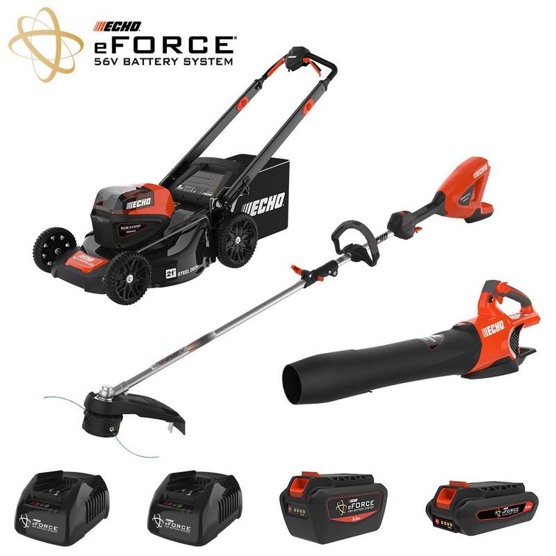 ECHO eFORCE 56-Volt Cordless Battery Lawn Mower, PAS Trimmer and Blower Combo Kit with 2 Batteries and 2 Chargers 3-Tool - V-DABAABBAA